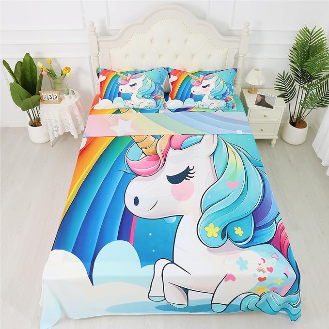 Unicorn Fitted Sheet Set, Rainbow Unicorn Bedding Sets Queen Size for Girls Kids Children Boys Teens Cartoon Sheets Bedspread Set,1 Flat Sheet 1 Fitted Sheet 2 Pillowcases
