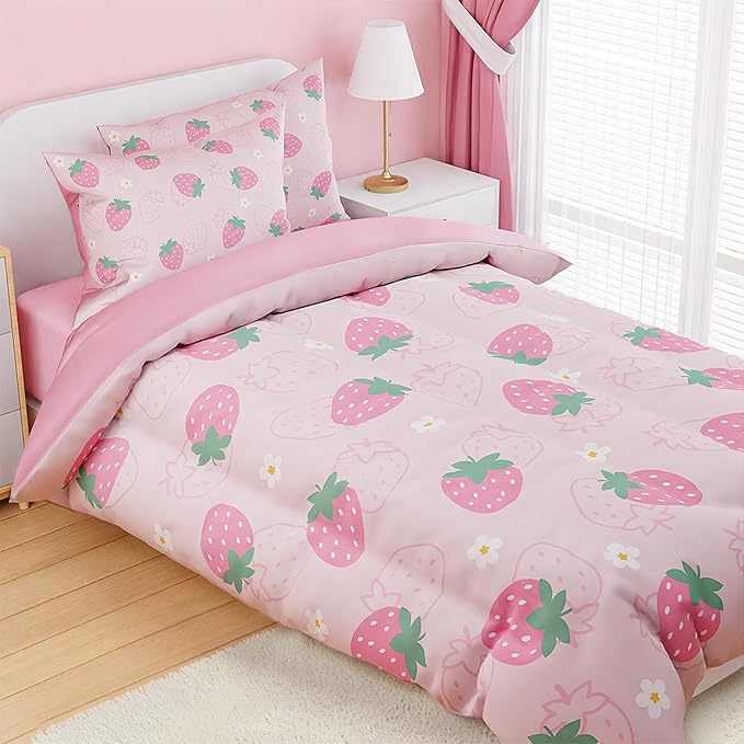 SANDJEST Strawberry Comforter Set Twin Size 68x86in for Kids Girls, Microfiber 3 Pcs Bedding Set Includes 1 Comforter, 1 Pillowcase, 1 Fitted Sheet, Nursery Room Decor