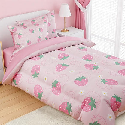 SANDJEST Strawberry Comforter Set Twin Size 68x86in for Kids Girls, Microfiber 3 Pcs Bedding Set Includes 1 Comforter, 1 Pillowcase, 1 Fitted Sheet, Nursery Room Decor