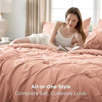 Bedsure California King Comforter Set Dusty Pink - Bed in a Bag California King 7 Pieces, GentleSoft™ Pintuck Bed Set Gift for Family, Pinch Pleat Dusty Pink Comforter with Sheets, Pillowcases & Shams