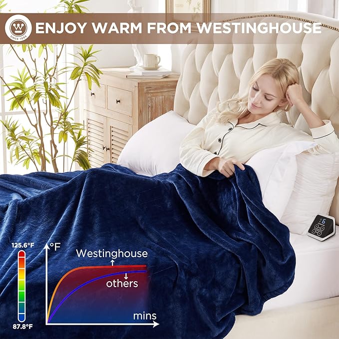 Westinghouse Heated Blanket Twin Size, Electric Heating Blanket with 10 Heating Levels, 1-12 Hours Auto Shut Off, Fast Heating Warming Blanket, Machine Washable (Twin, 62x84 Inches, Navy Blue)