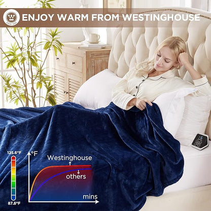 Westinghouse Heated Blanket King Size, Electric Heating Blanket with 10 Heating Levels, 1-12 Hours Auto Shut Off, Fast Heating Warming Blanket, Machine Washable (King,100x90 Inches,Navy Blue)