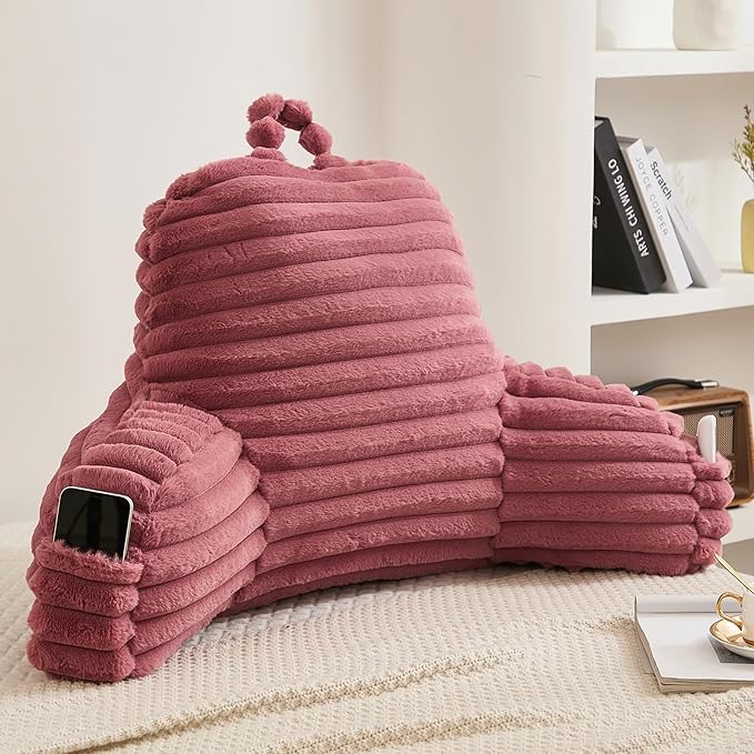 Faux Fur Fluffy Dusty Rose Reading Pillow with Pockets, Luxury Striped Plush Decorative, Arm Rests and Back Support for Bed Rest, Lounging on Sofa, Extra Large Size for Adult.