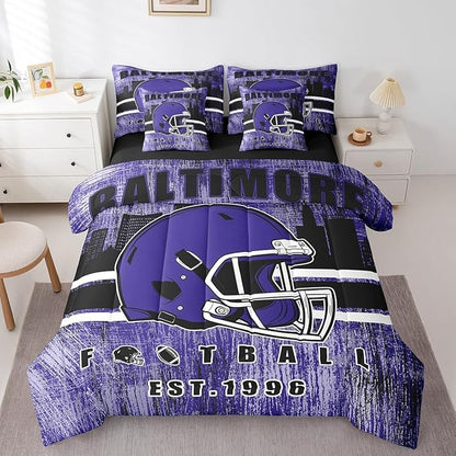Erosebridal Rugby Football Bed in A Bag Sports Helmet Bedding Set for Boys Girls Women Men Football Silhouette Rugby Decor Comforter Sets with Sheets King Size 7Pcs