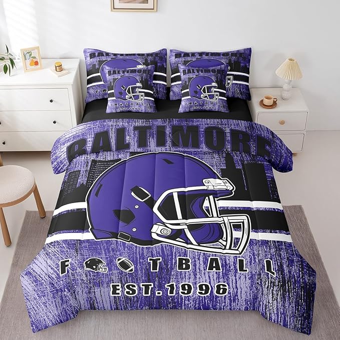 Erosebridal Rugby Football Bed in A Bag Sports Helmet Bedding Set for Boys Girls Women Men Football Silhouette Rugby Decor Comforter Sets with Sheets Queen Size 7Pcs