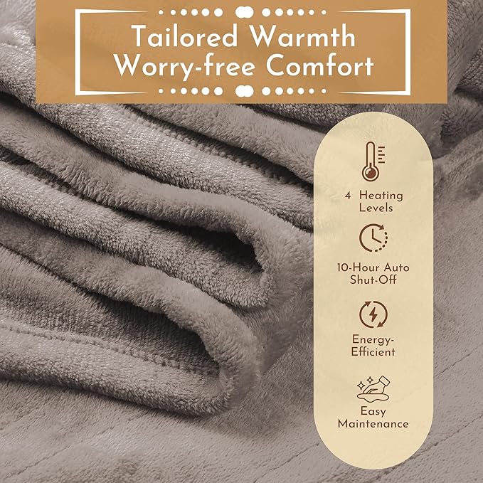 Electric Heated Blanket 72"x84" Full Size Microplush Cover Blanket 4 Heat Settings & 10 Hours Auto Off, Cozy & Warm for All Night, Machine Washable, Linen