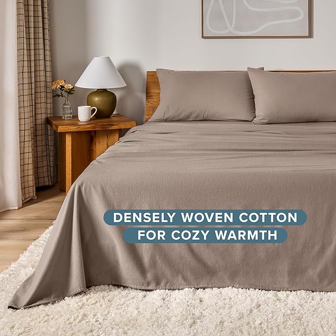 Bare Home Flannel Sheet Set 100% Cotton, Velvety Soft Heavyweight - Double Brushed Flannel - Deep Pocket (Full, Taupe)