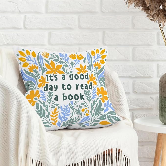 It's A Good Day to Read A Book Classroom Decorative Throw Pillow Covers, Floral Blue Reading Pillows Covers for Kids, Flower Pillow Cases Decor for Library Reading Nook Corner Couch 18x18in