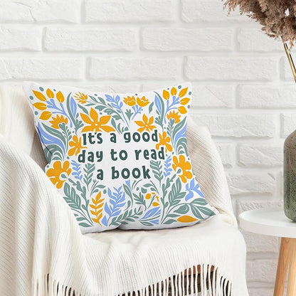 It's A Good Day to Read A Book Classroom Decorative Throw Pillow Covers, Floral Blue Reading Pillows Covers for Kids, Flower Pillow Cases Decor for Library Reading Nook Corner Couch 18x18in