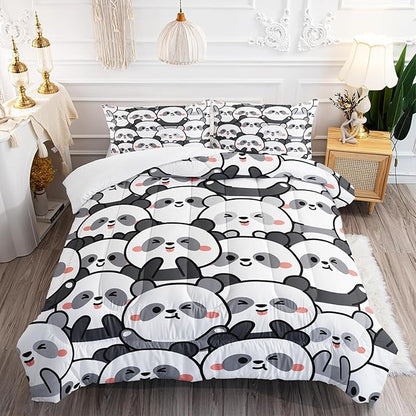 Kawaii Cartoon Black White Panda Bedding Animal Themed Comforter 3Pcs Full Bear Pattern Bedding Set for Kids Teens Girls Boys Bed Decor Emoticon Panda Quilt with 1 Comforter and 2 Pillowcases