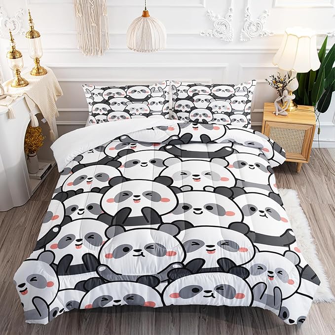 Kawaii Cartoon Black White Panda Bedding Animal Themed Comforter 3Pcs Queen Bear Pattern Bedding Set for Kids Teens Girls Boys Bed Decor Emoticon Panda Quilt with 1 Comforter and 2 Pillowcases