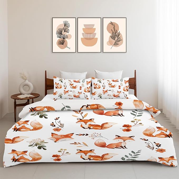 Fox Bedding Set 3 Pieces King Size Fox Duvet Cover Comforter Cover Sets with 2 Pillowcases for Boys Girls Teens Men Women