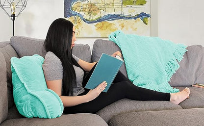 Super Soft Velvety Backrest Reading Bed Rest Pillow with Arms and Pockets 18" H for Sitting in Bed Couch Sofa, Back Support Wedge Cushion with Removable Cover, 20" x 18" x17", Pastel Blue