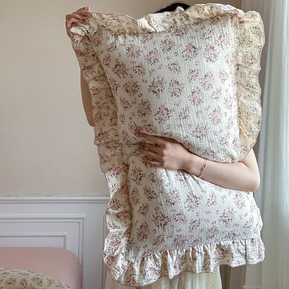 BuLuTu Pink Floral Theme Duvet Cover Twin for Girls Quilt Cover Shabby Chic Ruffled Princess Comforter Cover, Soft Breathable Muslin Cotton Bedding, Bedroom Decor, Pink Poeny Pattern