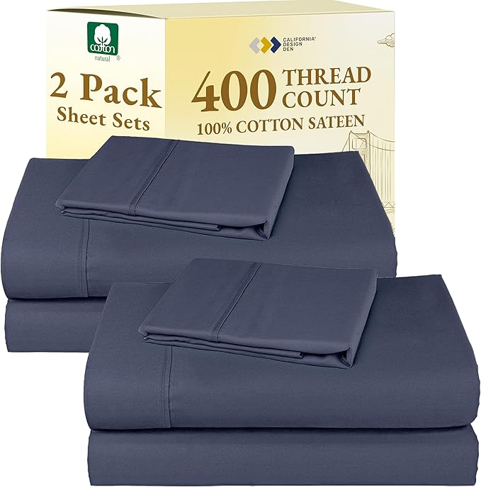 California Design Den 2-Pack Twin XL Sheet Sets - 400 Thread Count 100% Cotton Sateen Sheets - Soft and Breathable Sheets, 2 Sets of Deep Pocket Bed Sheets - Indigo Dusty Blue