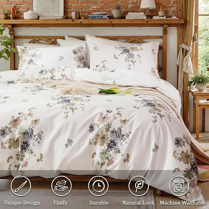 100% Cotton Duvet Cover King Size Vintage Floral Duvet Cover Set with Zipper Closure & Corner Ties 3 Pieces Botanical Bedding Sets Soft and Lightweight Comforter Cover for All Seasons