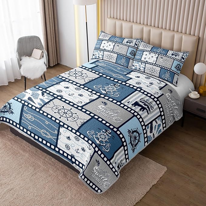 QOOMO Voyage Quilt Set Full/Queen Size,Sailing Bedspread Coverlet Set,Ocean 3Pcs Bedding Set Printed Quilt with 2 Pillowcases,Soft and Lightweight,for All Seasons