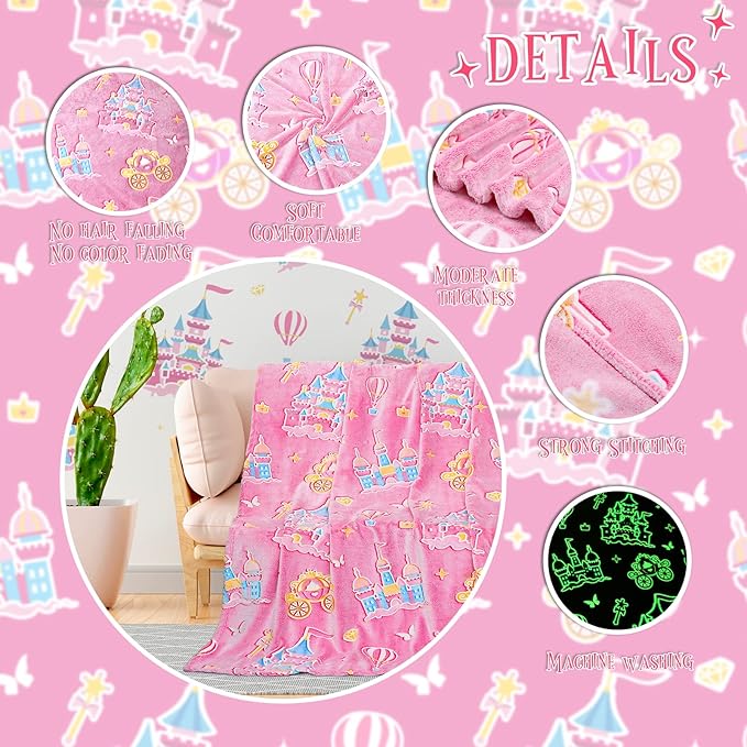 BORORO Princess Blanket for Girls - Princess Gifts Glow in The Dark Pink Blanket Castle Toys Birthday Gifts for Toddler Kids Girls Women