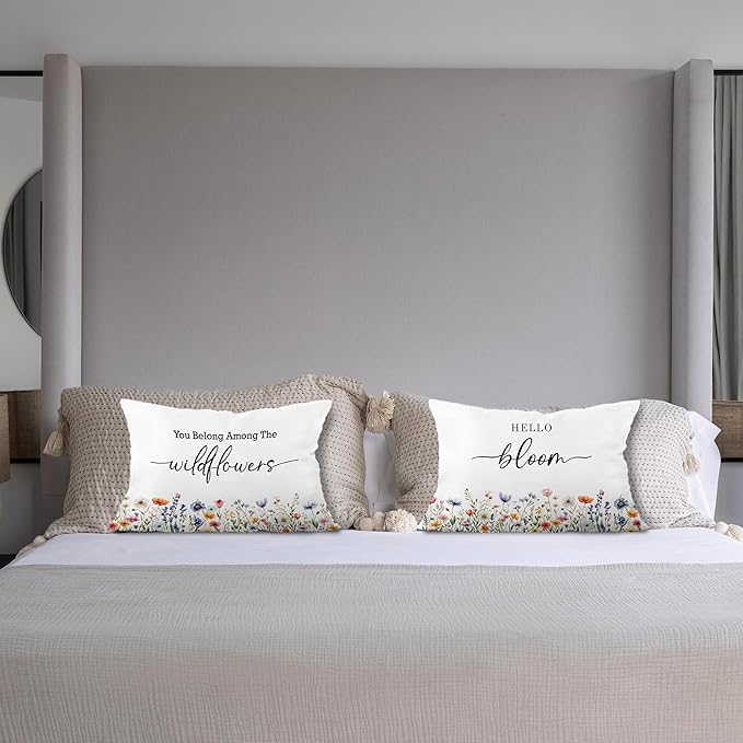 Inspirational Spring Wildflower Pillow Covers 12x20 Set of 2, Hello Bloom Floral Decorative Lumbar Pillow Covers for Baby Girls Nursery Room Bedroom Dorm