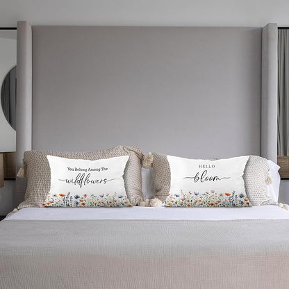 Inspirational Spring Wildflower Pillow Covers 12x20 Set of 2, Hello Bloom Floral Decorative Lumbar Pillow Covers for Baby Girls Nursery Room Bedroom Dorm