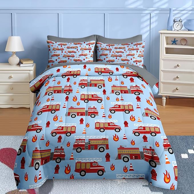 Nesker 7 Pcs Comforter Set Full Size, Red Fire Engine Bedding for Kids Teen, Fire-Fighting Trucks Vehicle with Fitted Sheet 2 Pillowcases & 2 Shams for Bedroom Bed Decor