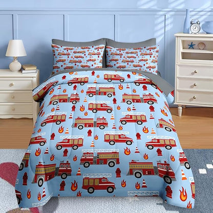 Nesker 7 Pcs Comforter Set Full Size, Red Fire Engine Bedding for Kids Teen, Fire-Fighting Trucks Vehicle with Fitted Sheet 2 Pillowcases & 2 Shams for Bedroom Bed Decor