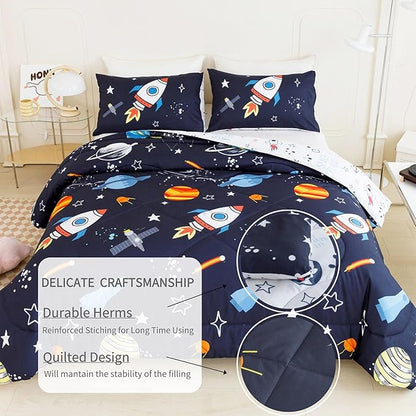 RYNGHIPY Kids Comforter Set Twin Size Cute Rocket Bedding Set for Boys Girls Space Themed Teen Boy Bedding (Space Rocket,Twin)