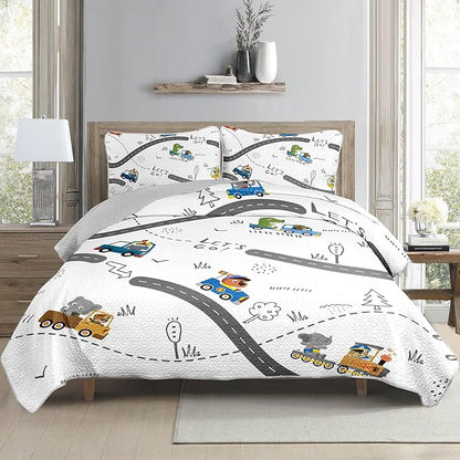 AILONEN Construction Truck Quilt 3-Piece Queen Cartoon Bear Bedspread Coverlet for Boys Work Road Print Quilt with 2 Pillowcases Soft and Lightweight