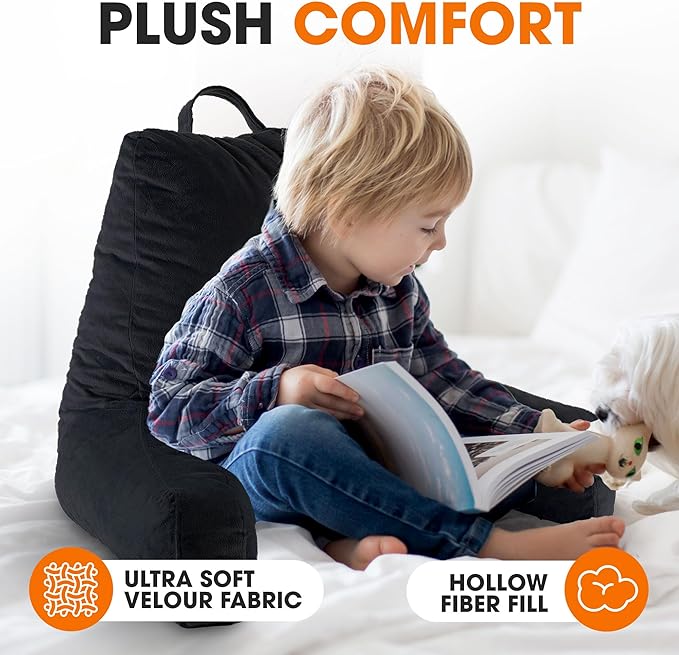 Cheer Collection Reading Pillow with Arms – Portable Bed Pillow for Sitting Up & Support, Hollow Fiber-Filled Back Rest Pillow for Sitting in Bed & Couch, Machine Washable, Black (Small)