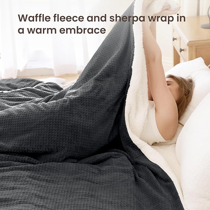 Heated Blanket Electric Blanket Queen Waffle, 84x90 Inches Dual Controllers Sherpa Fleece Fast Heating Blanket 6 Heating Levels & 10 Hours Auto Off ETL Certification,Charcoal Grey Queen