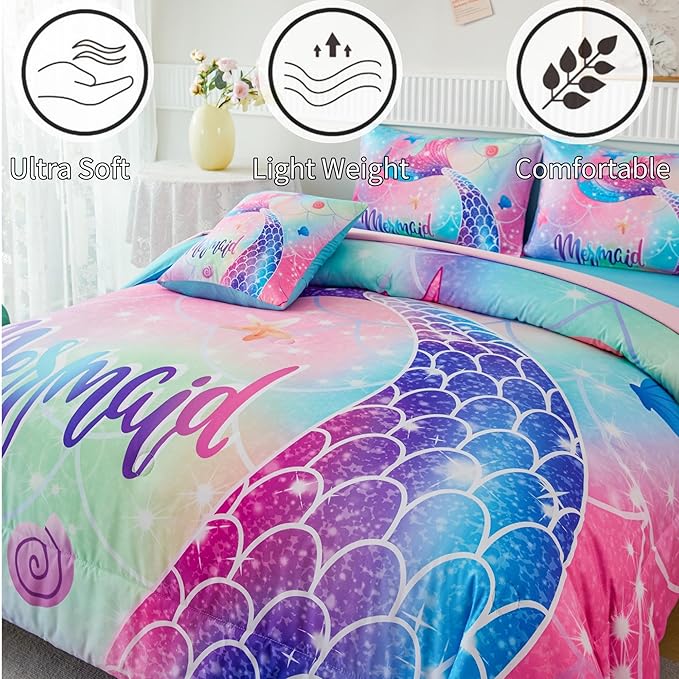 RYNGHIPY Mermaid Twin Girls Bedding Set, Colorful Rainbow Kids Girls Comforter Set with Sheets Soft and Lightweight, 6 Pieces Teen Girls Bed in a Bag