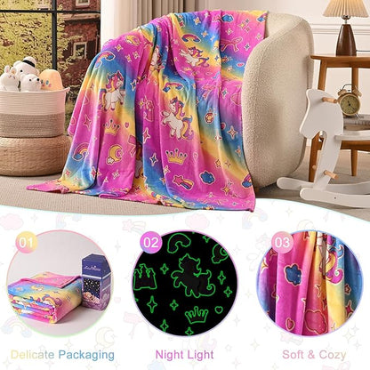 Lotus Karen Unicorn Glow in The Dark Blanket Unicorn Toys Girl Gifts for 1 2 3 4 5 6 7 8 9 10 11 12 Year Old Kids Blanket with Stars Cloud Crown Bow Birthday Halloween Room Decor（Rainbow 60"×80"