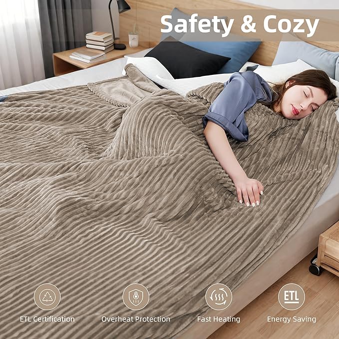 Electric Blanket 84"x90" Queen Size Heated Blanket with 10 Heat Settings & 1-12 Hours Auto-Off,Reversible Cozy Silky Flannel Fabric Warm Blanket Large Size for Full Body - Camel