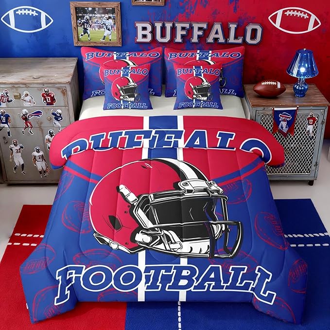 Feelyou Football Comforter Set with Sheets 7 Piece King Size Ball Games Bedding Set for Kids Boys Girls Rugby Bed in a Bag City of Footballs Room Decor Rugby Sports Soft Lightweight