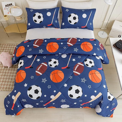 RYNGHIPY Kids Sports Theme Bedding Set, Basketball Football Baseball Tennis Print Comforter Set for Teens Boys Girls, Super Soft Lightweight (Balls,Full)