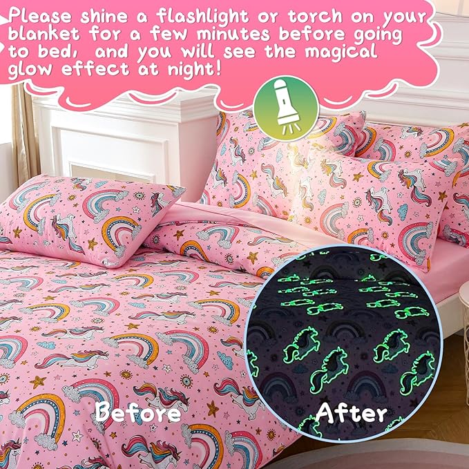 Glow in The Dark Kids Comforter Set， 4 Pieces Pink Unicorn Bedding Set Full Size for Boys Girls Teen, 1 Comforter, 1 Pillowcase, 2 Pillow Shams