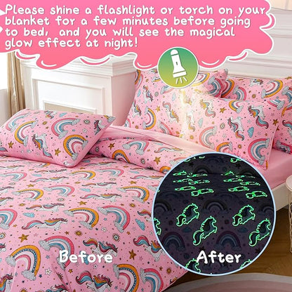 Glow in The Dark Kids Comforter Set， 3 Pieces Pink Unicorn Bedding Set Twin Size for Boys Girls Teen, 1 Comforter, 1 Pillowcase, 1 Pillow Sham