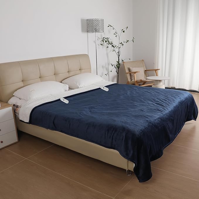 ESTINGO Heated Blanket Electric King Size, Soft Heated Electric Blanket, Washable Plush Heated Blanket with Dual Control 5 Heating Levels & 10 Hours Auto Off, 100" x 90", Navy Blue