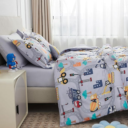 Mooreeke Kids Full Comforter Sets for Boys 8 Pieces Excavator Grey Bedding Set for Teens Soft Microfiber Kids Bed in A Bag with Comforter, Sheet Set, Shams and Decorative Toy Pillow All Season