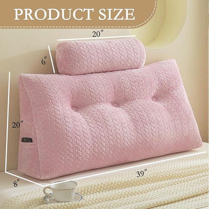 YOUR MOON Wedge Headboard Pillow Twin with 1 Pack Neck Roll Pillow, Triangular Wedge Backrest Pillows Headboard for Bed,Daybed,and Lounging, Large Bed Bolster Pillows,Pink