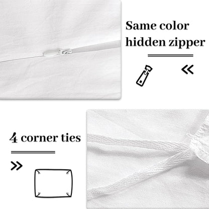 NEXHOME PRO Cotton Duvet Cover Queen Size White, Organic Natural Linen Feel 100% Washed Cotton 3 Pieces Bedding Set with Zipper Closure & Corner Ties, Breathable(No Comforter)
