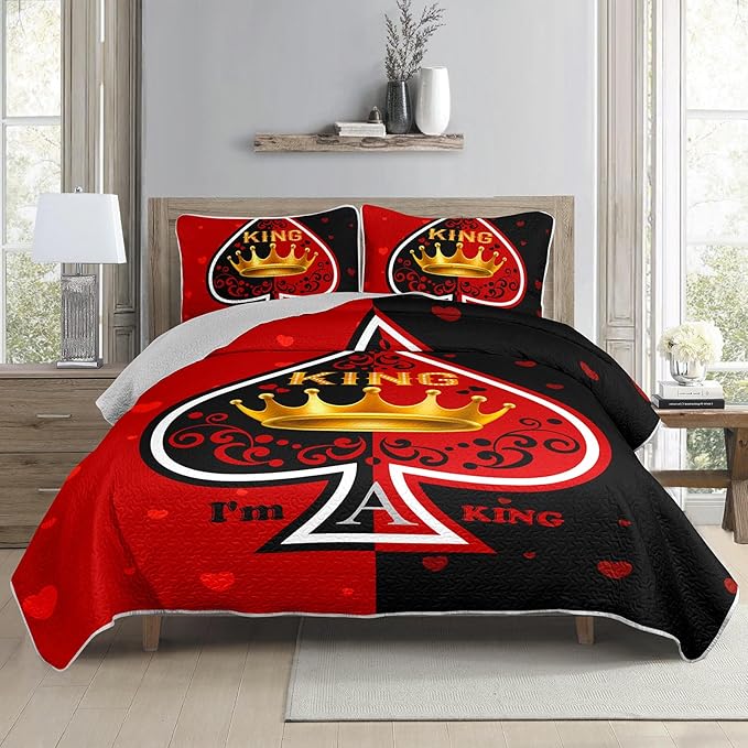 AILONEN Red & Black Quilt Set for Couples Lovers - Full King Crown Printed Bedspread Coverlet,His Hers Themmed Love Heart Quilted Bedding + 2 Pillowcases