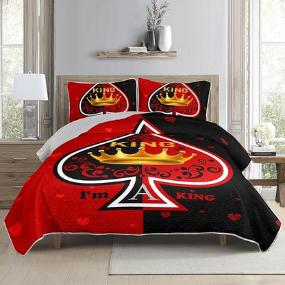 AILONEN Red & Black Quilt Set for Couples Lovers - Full King Crown Printed Bedspread Coverlet,His Hers Themmed Love Heart Quilted Bedding + 2 Pillowcases