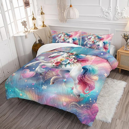 Unicorn Queen Size Bedding Set for Kids, Dreamy Unicorn with Flowers Comforter Set, Girl Room Decor with 2 Pillowcases