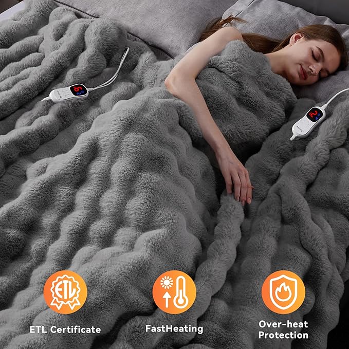 Heated Blanket King Size with 1/2/4/6/8 Hours Auto-Off 10 Heat Level, 90'' * 100'' Cozy Faux Rabbit Fur Bubble Electric Blanket with Overheat Protection(Light Grey)