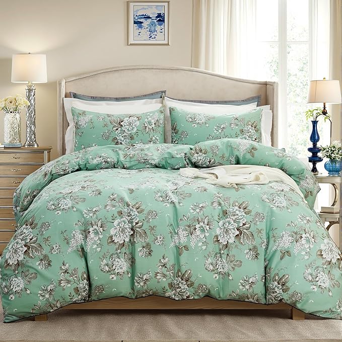 Floral Duvet Cover King Size Soft 100% Nature Cotton Vintage Style Green Bedding Set with Zipper Closure 3 Pcs Cottagecore Botanical Duvet Covers, Ultra Soft, Breathable
