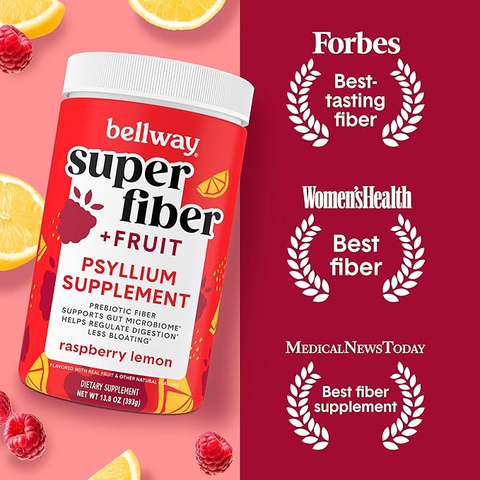 Bellway Super Fiber Powder + Fruit, Sugar Free Organic Psyllium Husk Powder Fiber Supplement for Regularity, Bloating Relief & Digestive Health, Plant-Based, Raspberry Lemon (50 Servings)