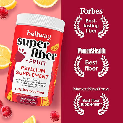 Bellway Super Fiber Powder + Fruit, Sugar Free Organic Psyllium Husk Powder Fiber Supplement for Regularity, Bloating Relief & Digestive Health, Plant-Based, Raspberry Lemon (50 Servings)