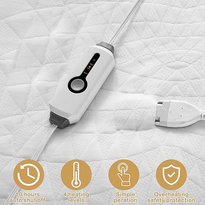 Electric Mattress Pad Full Size 54"x75" with 10 Hours Auto Off 4 Heat Setting Simple Controller Fit Up to 15 Inch Deep Pocket, Machine Washable - White Diamond Printed Pattern