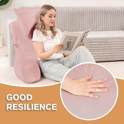 Portable Reading Pillows with Headrest for Bed Sitting Up(Pink Oeko-Tex), Velvet Back Pillow with Arms & Pockets for Adults, Support Memory Foam Bed Pillow for Dorm/Reading/Watching/Gaming